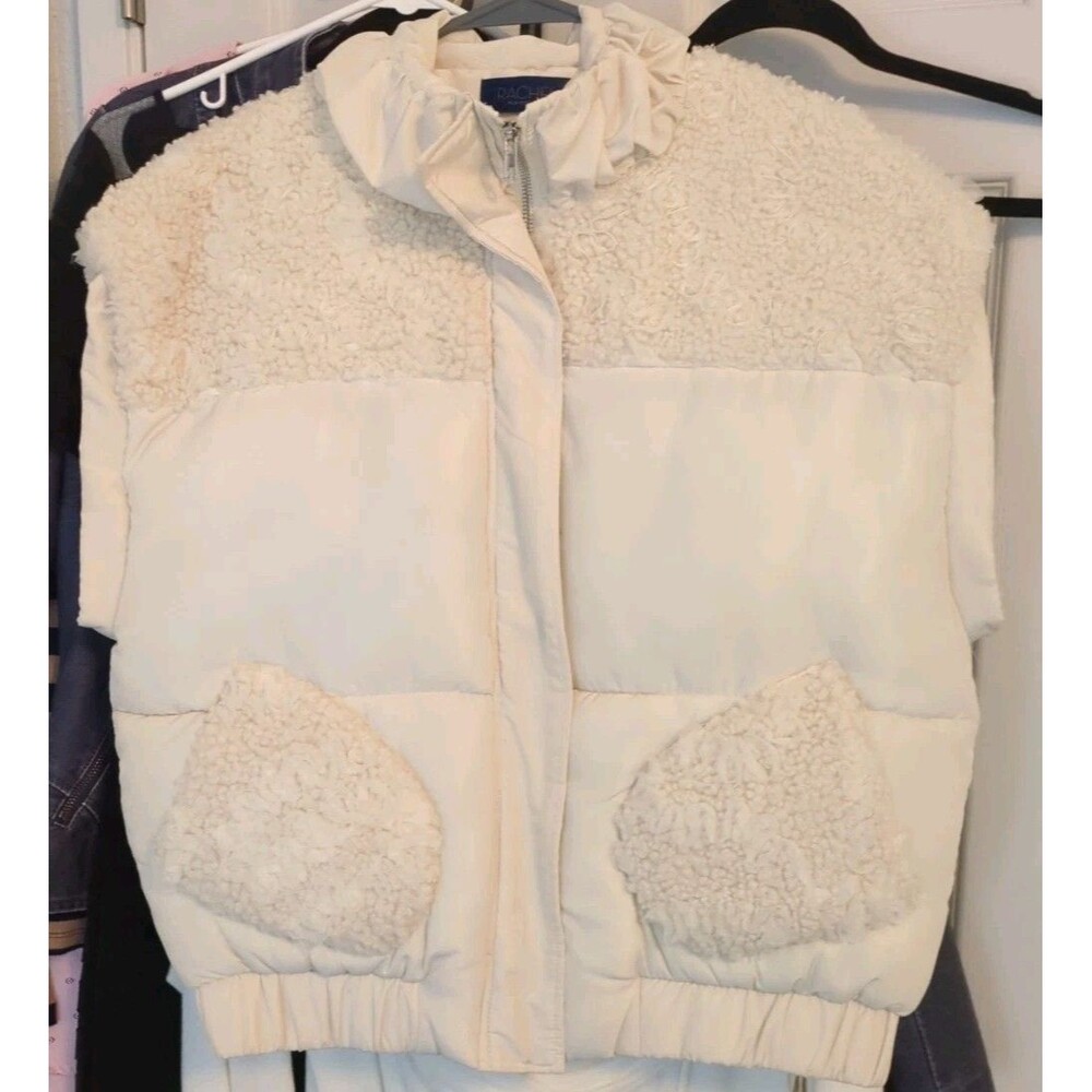 Rachel Roy Vest L Elegant Puffed Collar W/  Ribboning In Sherpa Pockets Zip Cozy